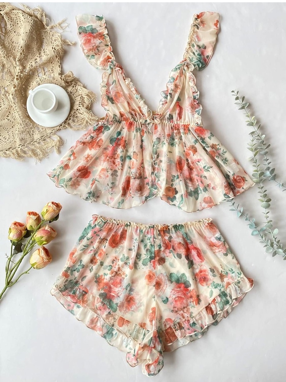 Floral Ruffle Two-Piece Loungewear Set - Cream with Coral & Green